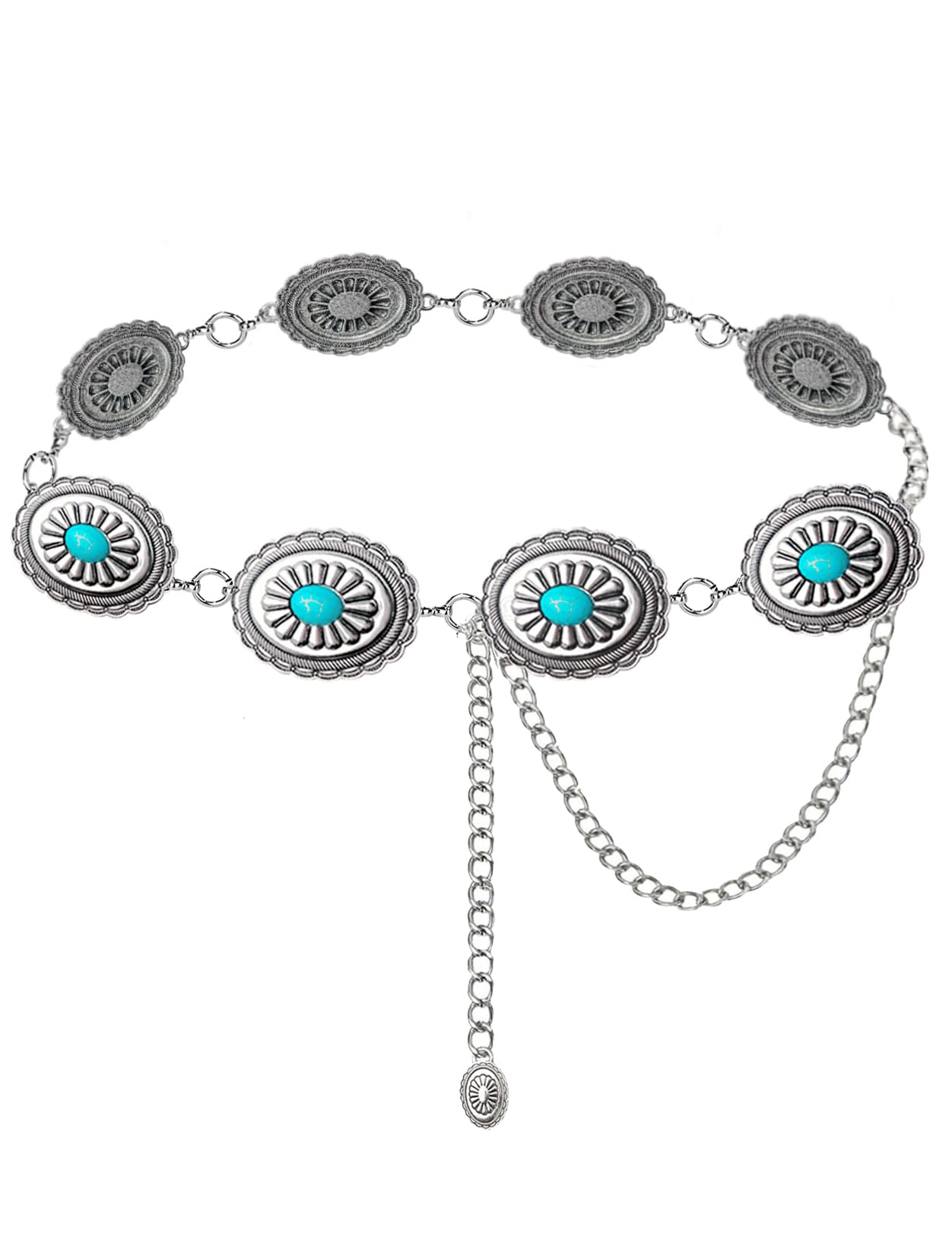 TOPACC Big Concho Belts for Women Western Silver Turquoise Belt Metal Cowgirl Chain Belts for Dresses Jeans Country Concert Outfit
