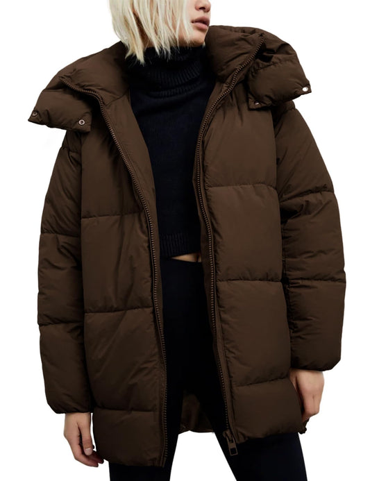 Gihuo Womens Quilted Puffer Coat Hoodie Winter Oversized Mid-Length Padded Down Jacket Warm Heavyweight Bubble Outerwear(Coffee-S)