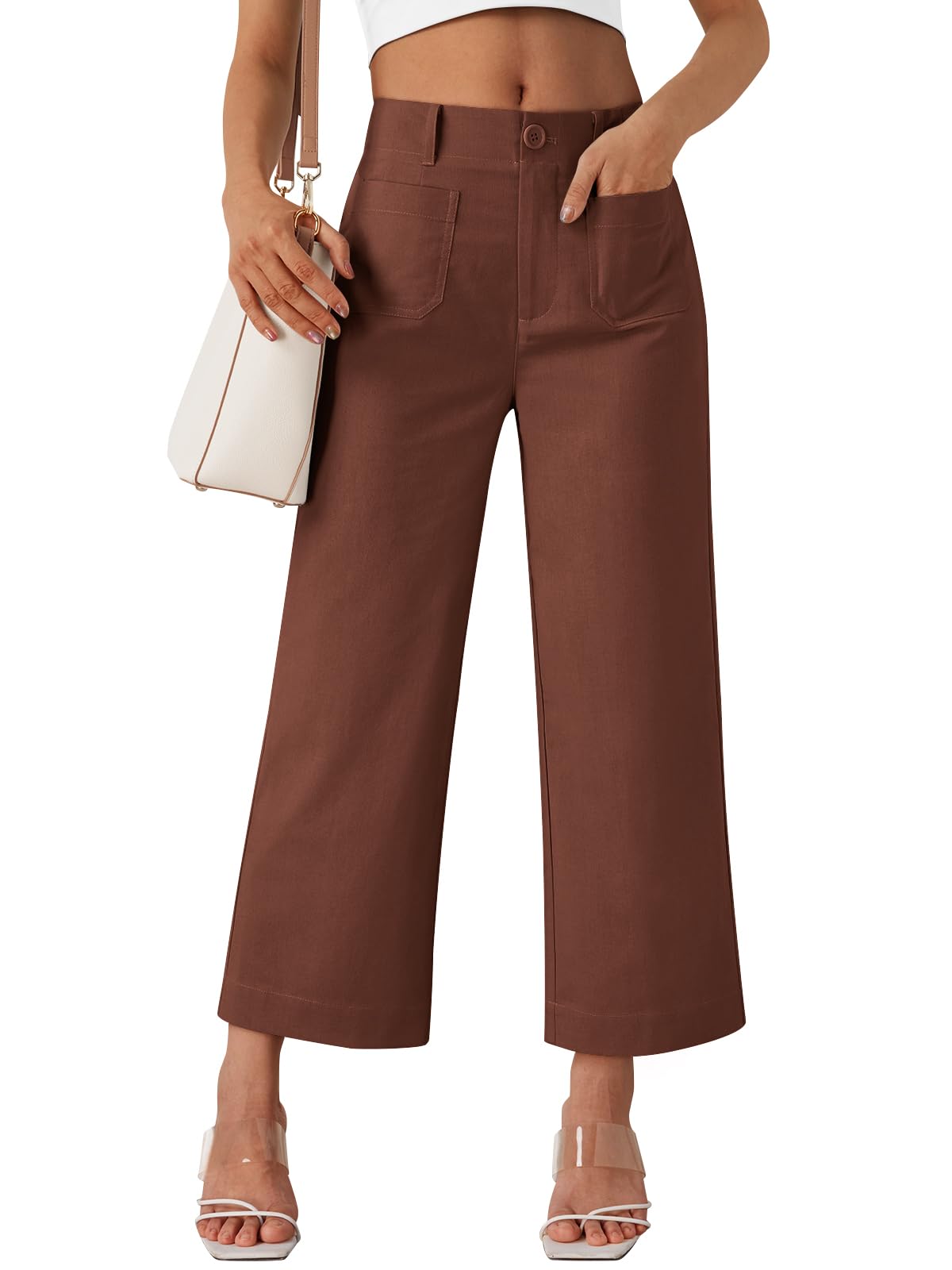 LILLUSORY Womens Linen Pants Wide Leg Capri Trendy Crop Cropped Casual Trousers Brick Red