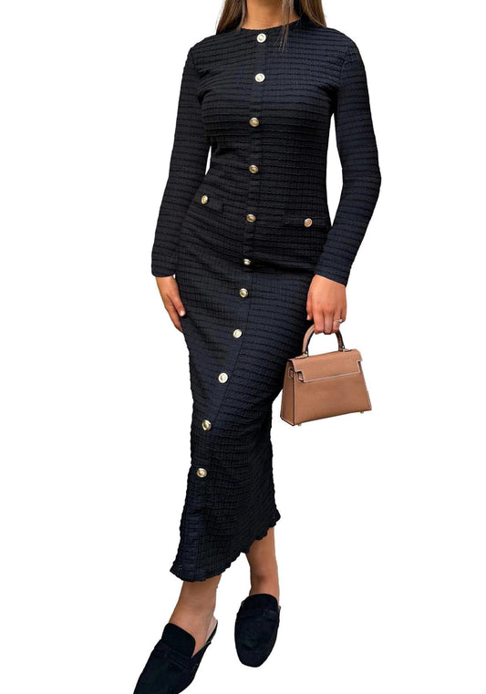 Women Corset Ruched Formal Sweater Maxi Dress Crewneck Long Sleeve Vintage Knitted Dress Button Down Wrap Long Dresses Black